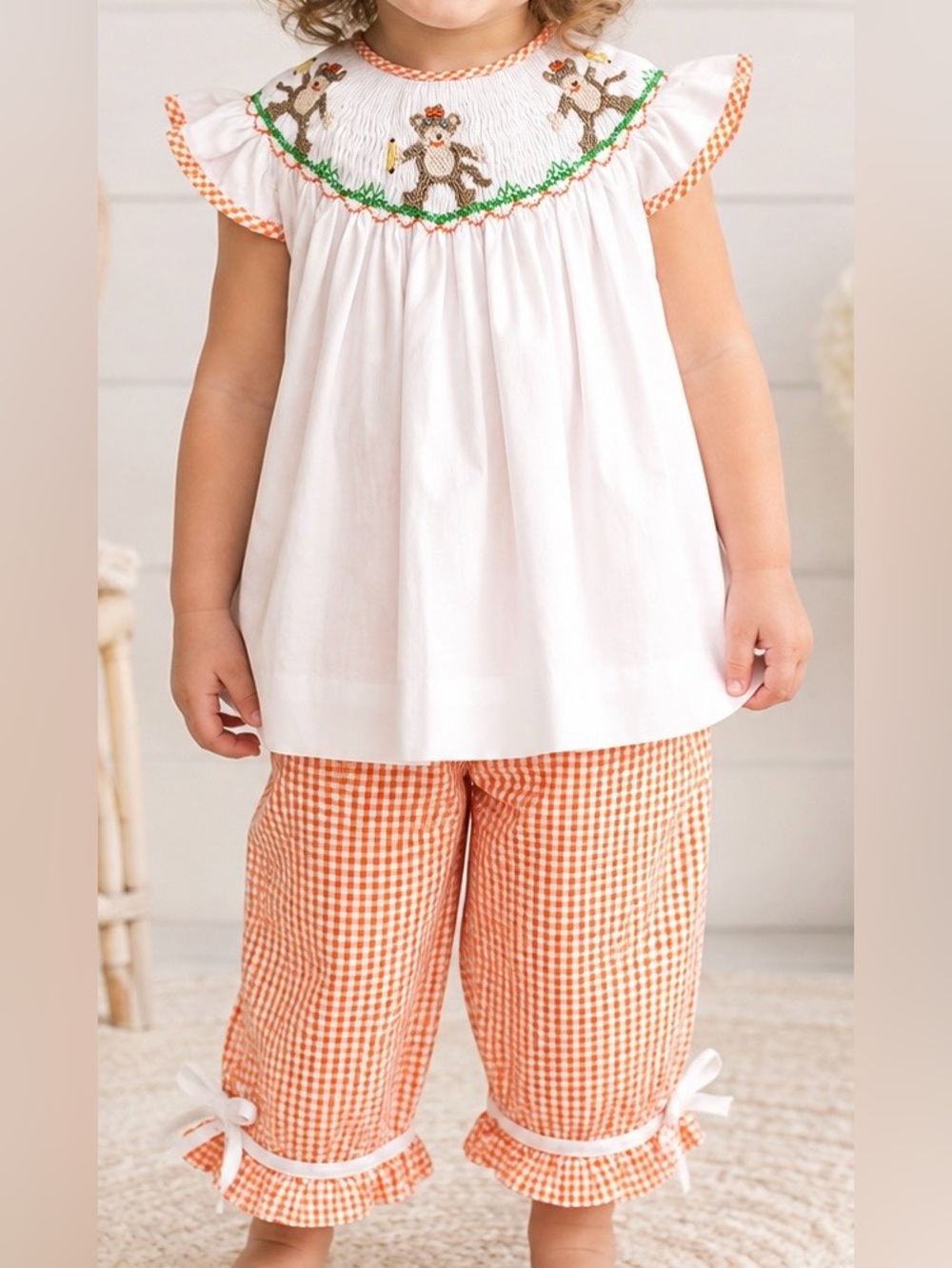 Petit Ami Toddler Girls White Smocked Monkey Orange Gingham 2pc Outfit size 3T
